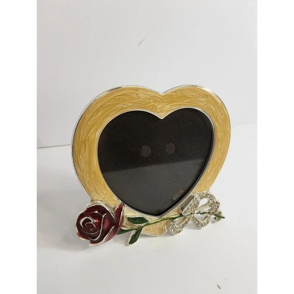 Gorham 1831 Heart Picture Frame Silver Tone Red Rose Rhinestone Bow Enameled